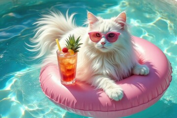 Fluffy white angora cat relaxing on pool float with sunglasses and tropical drink