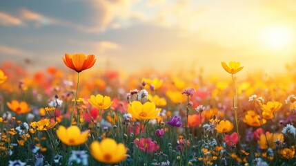 Obraz premium Vibrant Field of Wildflowers Glowing in the Warm Light of Sunrise with a Beautiful Sky and Gentle Breeze Enhancing Nature's Serenity