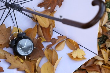 Alarm clock and white umbrella on dry leaves, above view