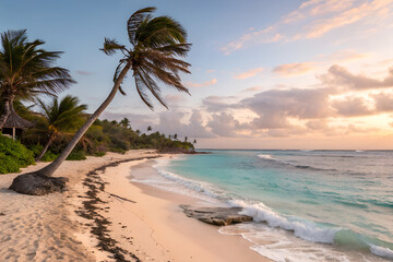 Scenic Coral Beach with Palm Tree – Tropical Paradise for Relaxation and Nature Lovers.