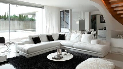 Fototapeta premium Modern living room with a sleek design, featuring a white sectional sofa and minimalist decor.