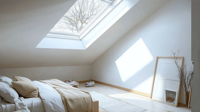 Minimalist attic bedroom with sloped ceilings and skylights