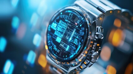 Close-up of a medical nano sensor embedded in a wearable device for health monitoring. : Nanotechnology in Healthcare and Medicine