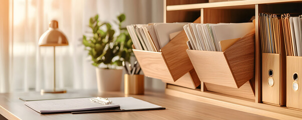 Tax Submit Income Records. A warm, organized workspace featuring wooden file holders, a lamp, and a potted plant, creating an inviting atmosphere for productivity.
