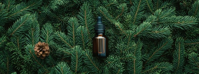 essential oil fir tree in a bottle. Selective focus.