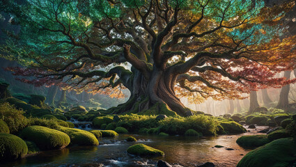 a cinematic photograph of a majestic tree with iridescent leaves that shift between hues of emerald green, amber, and crimson as they dance in the dappled sunlight, its gnarled branches stretching tow