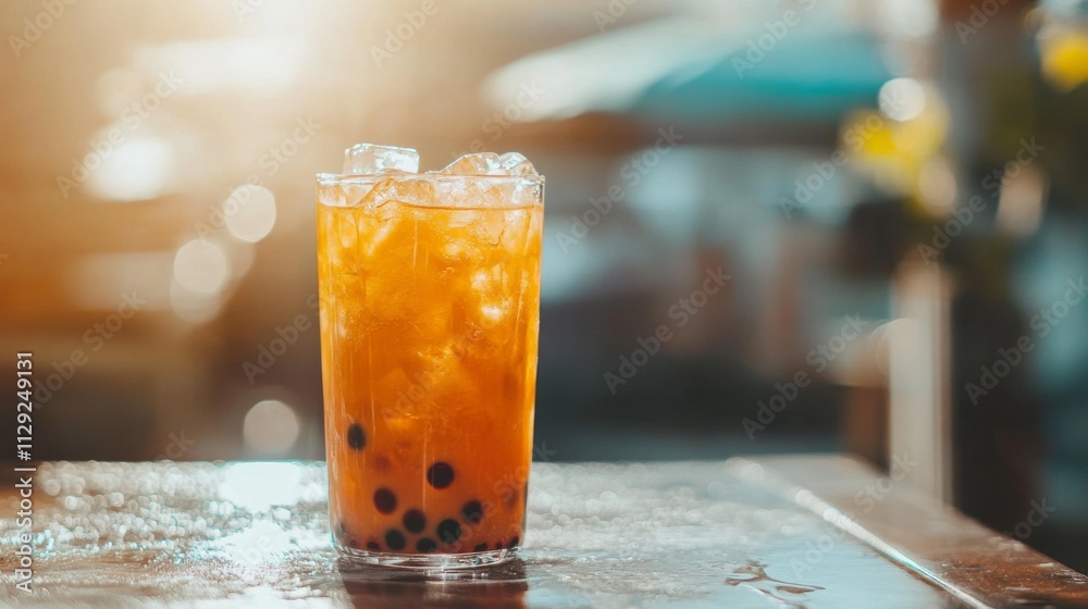 Poster refreshing iced beverage with tapioca pearls and ice cubes
