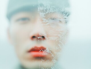 Fototapeta premium Contemplative Soldier in Winter Light A Minimalist Portrait Reflecting Duty and Youth