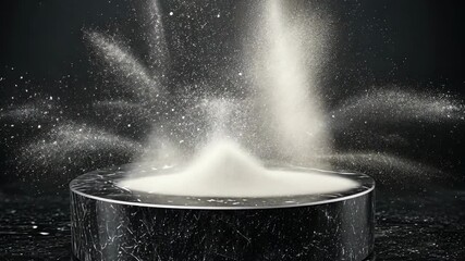 White powder particles suspended in air above a metallic surface during a creative artistic display