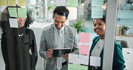 Sticky notes, meeting and business people on tablet in office for schedule, brainstorming and problem solving. Teamwork, corporate and happy workers on digital tech for website, research and ideas