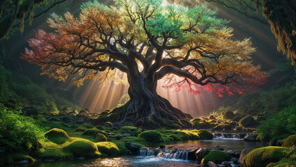 a cinematic photograph of a majestic tree with iridescent leaves that shift between hues of emerald green, amber, and crimson as they dance in the dappled sunlight, its gnarled branches stretching tow