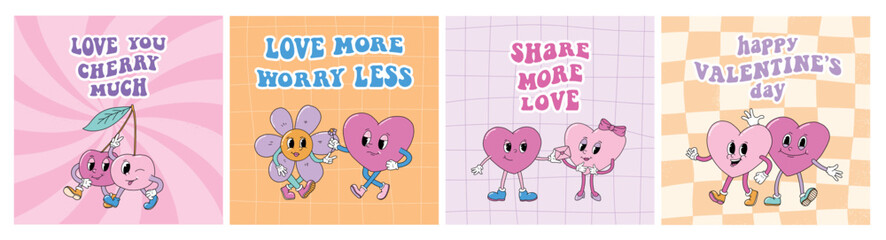 Valentine's day groovy greeting cards collection with retro cartoon characters and quotes for posters, banners, prints, wallpapers, etc. EPS 10