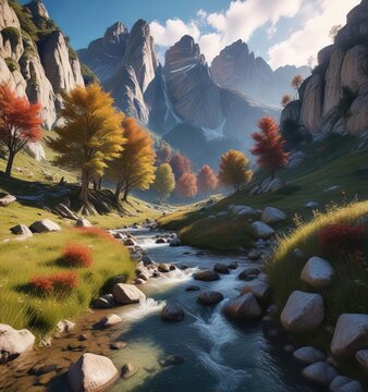 Glistening creek flowing in the heart of Vallon Popera against the towering Croda Rossa peak, landscape, Vallon Popera, flowing, river