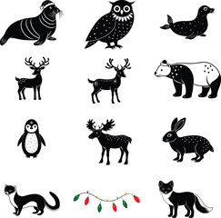 Cute Christmas Flat silhouette Icons Set.