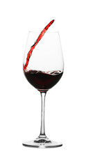 Tasty wine splashing in glass on white background