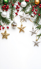 christmas festive holiday decoration with a border of pine branches, red berries, and various Christmas ornaments in red, white, and silver hues. The decorations hang from the top, l	