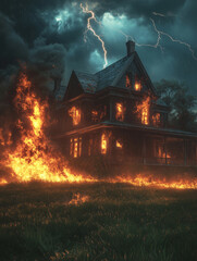 Dark night with lightning illuminating a burning mansion under stormy skies
