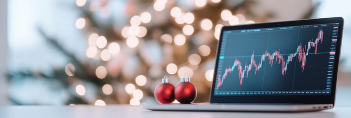 Modern Trading Desk with Festive Holiday Lights and Stock Market Analytics