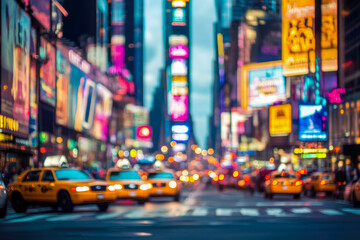Vibrant nightlife in times square with blurred lights and yellow taxis