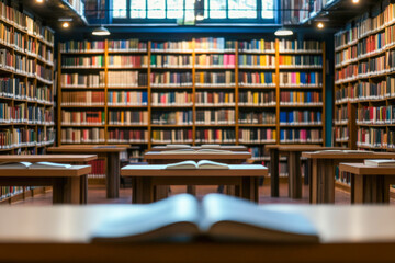 Quiet public library with open books on wooden tables and bookshelves