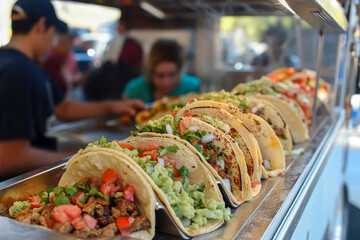Obraz premium Variety of tacos with fresh ingredients at outdoor food stall
