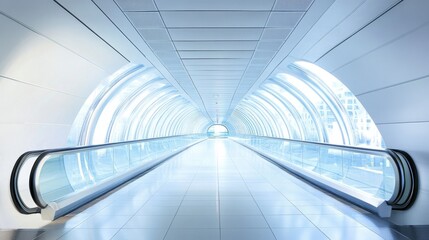 A futuristic, illuminated walkway with smooth lines and a bright exit.