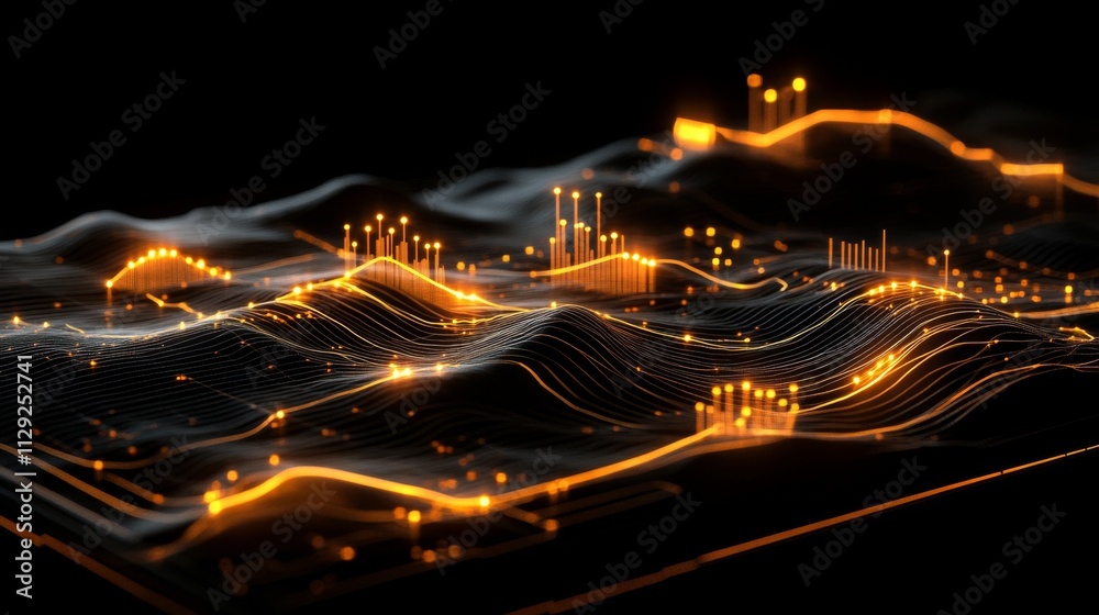 Poster abstract digital waveforms with glowing lines and particles
