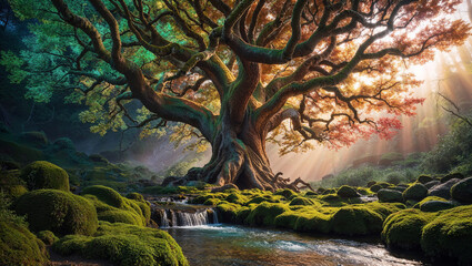 a cinematic photograph of a majestic tree with iridescent leaves that shift between hues of emerald green, amber, and crimson as they dance in the dappled sunlight, its gnarled branches stretching tow