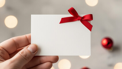 Obraz premium Hand holding a white card note with red ribbon bow for christmas and new year celebration greeting, banner