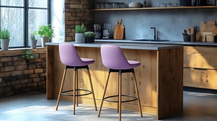 A kitchen with a counter and two purple stools