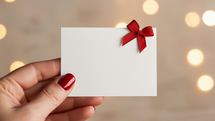Obraz premium Hand holding a white card note with red ribbon bow for christmas and new year celebration greeting, banner