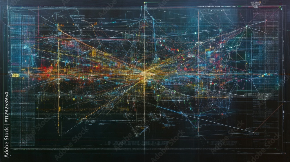 Poster abstract network visualization with bright colors and dynamic lines