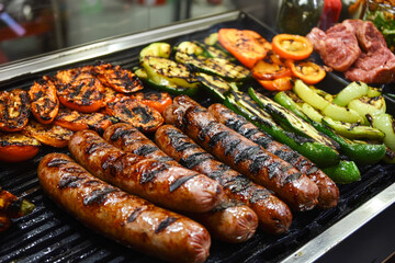 Grilled sausages and vegetables on barbecue grill with searing marks