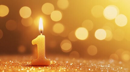 Golden Number 1 Candle with Bokeh Background