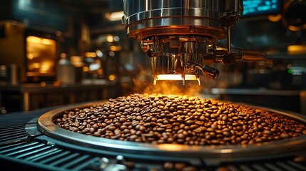 Roasted Coffee Beans Being Processed In A Machine