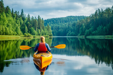 Female kayaker navigating serene lake in lush forest landscape