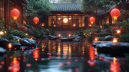 Serene Chinese Garden with Red Lanterns for New Year