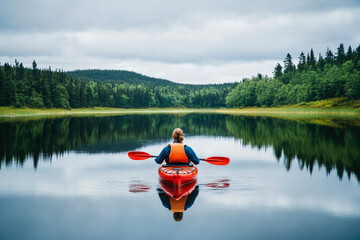 Serene kayaking adventure on tranquil lake surrounded by forest