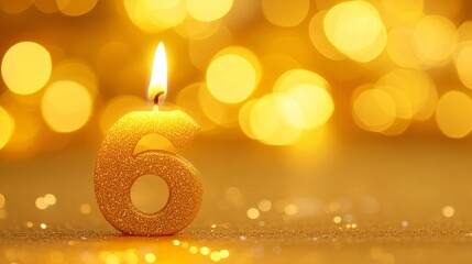Golden Number 6 Candle with Bokeh Background