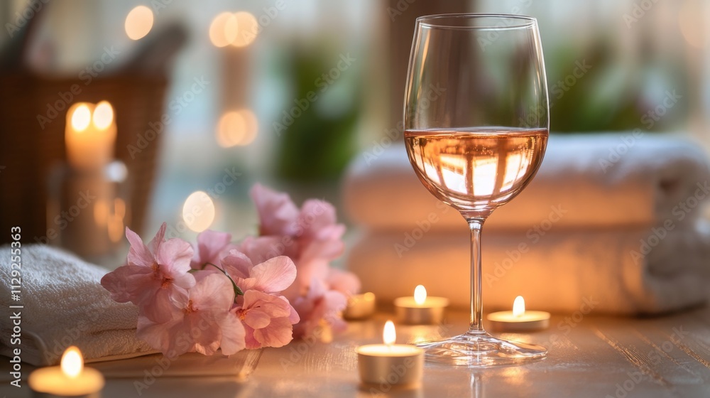 Poster a calming setup features a glass of rose wine next to soft towels and pink flowers, illuminated by t