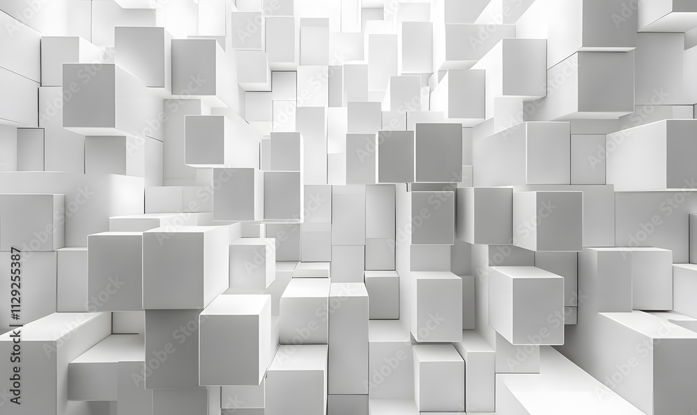 Poster a 3d-effect background with white cubes appearing to shift and rotate