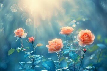 Obraz premium Five Peach Roses in Bloom, Bathed in Soft Sunlight and Gentle Rain, Creating a Dreamlike Atmosphere.