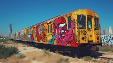 Obraz premium A train with graffiti on it is parked on a track