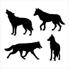 Set of silhouette of wolves. Isolated black flat cartoon silhouette of wolf on white background. Front and side view