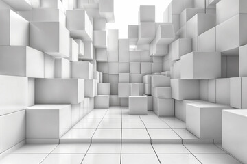 Abstract White 3D Geometric Architecture Interior with Cubic Blocks and Tiled Floor, Modern Minimalist Design Space with Random Protruding Cubes