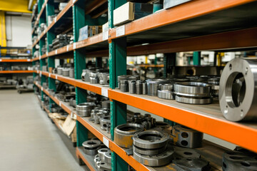 Naklejka premium Industrial warehouse interior with metal parts and equipment on orange shelving