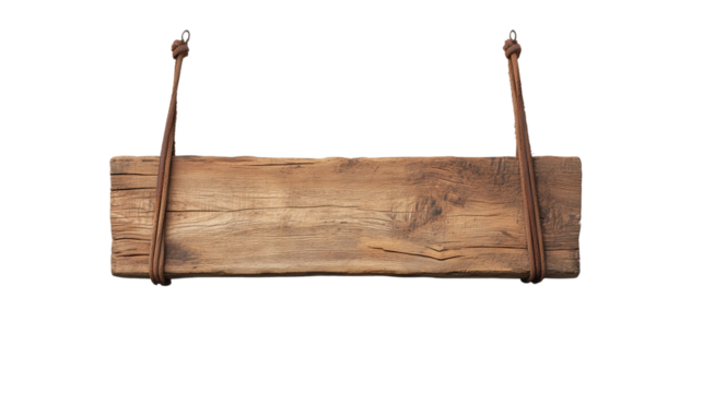 Hanging wooden plank with rustic appearance isolated on transparent background