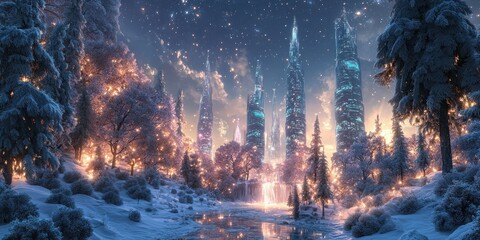 Fototapeta premium Utopian Night City with Bioluminescent Skyscrapers