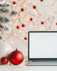 Festive Winter Workspace with Laptop and Christmas Decor in a Cozy Setting