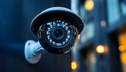 Close-up of a security camera mounted on a building exterior at night.